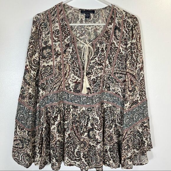 American Eagle Boho Paisley Print Peasant Top Size M - Picture 1 of 9